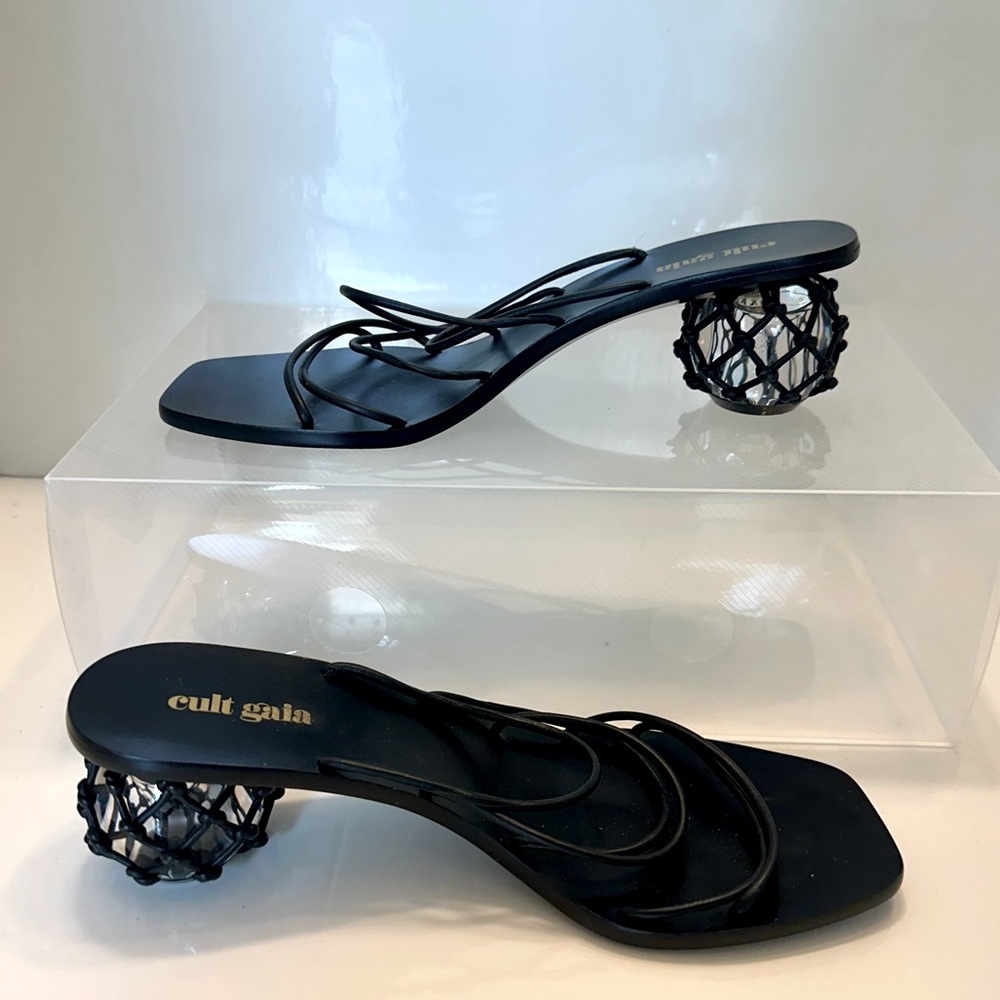 Authentic Cult Gaia Black Strappy Geometric Clear Ball Heel Sandals - Picture 4 of 12